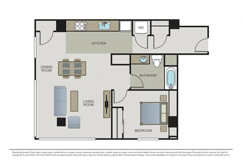 Floor plan for 1 bed, 1 bath, 877 sqft